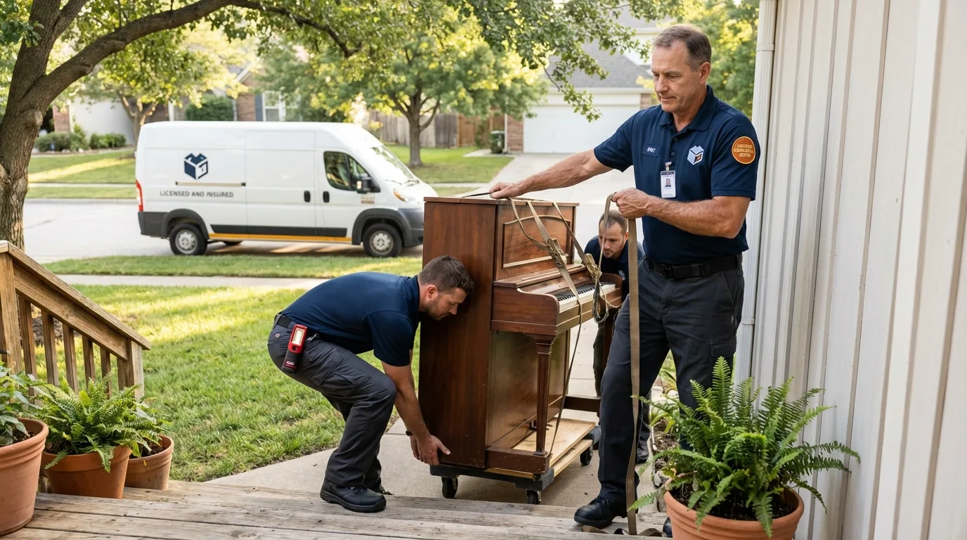 Licensed piano movers securing grand piano in Hooper Bay, AK